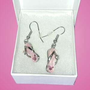 Disney Flip Flop Pink Crystal Enamel Dangle Pierced Earrings